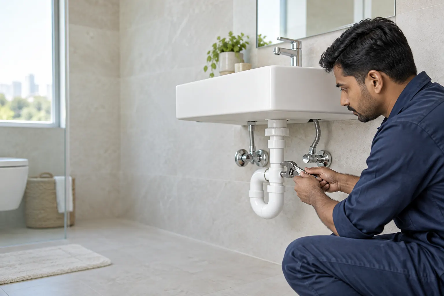 Plumber servicing bathroom pipes