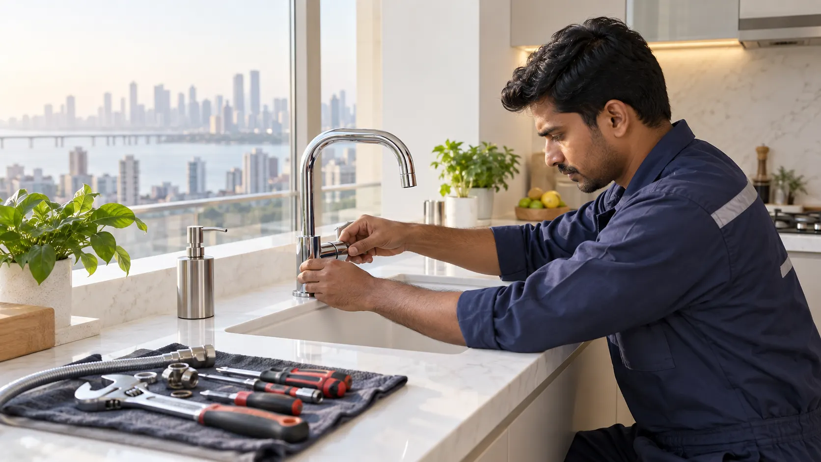 Modern plumbing tap and fittings installation
