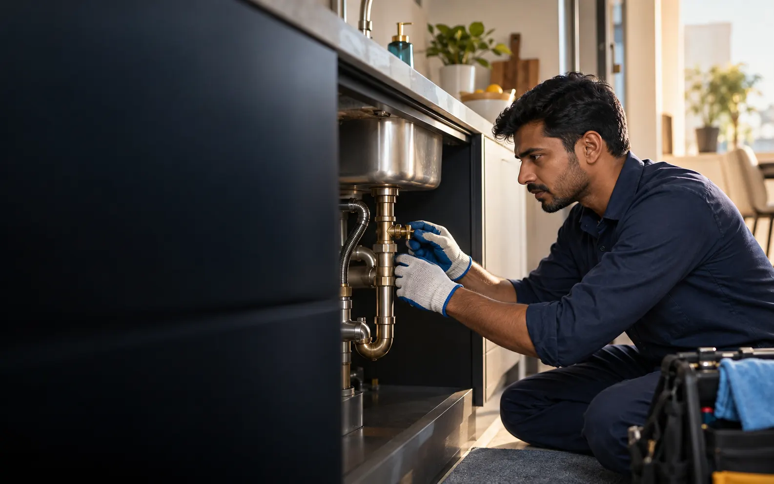 Plumber inspecting kitchen pipe connections
